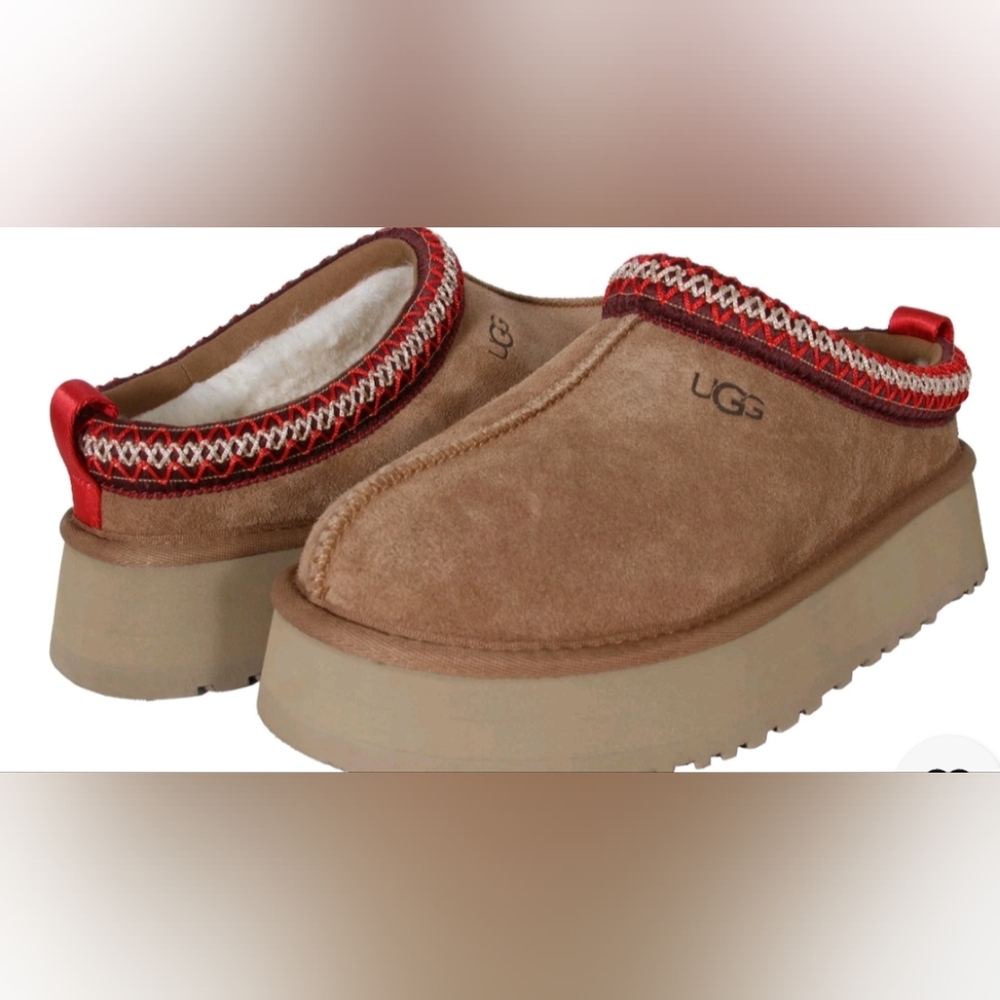 NEW! UGG Chestnut Suede Shearling Mule with Red Trim